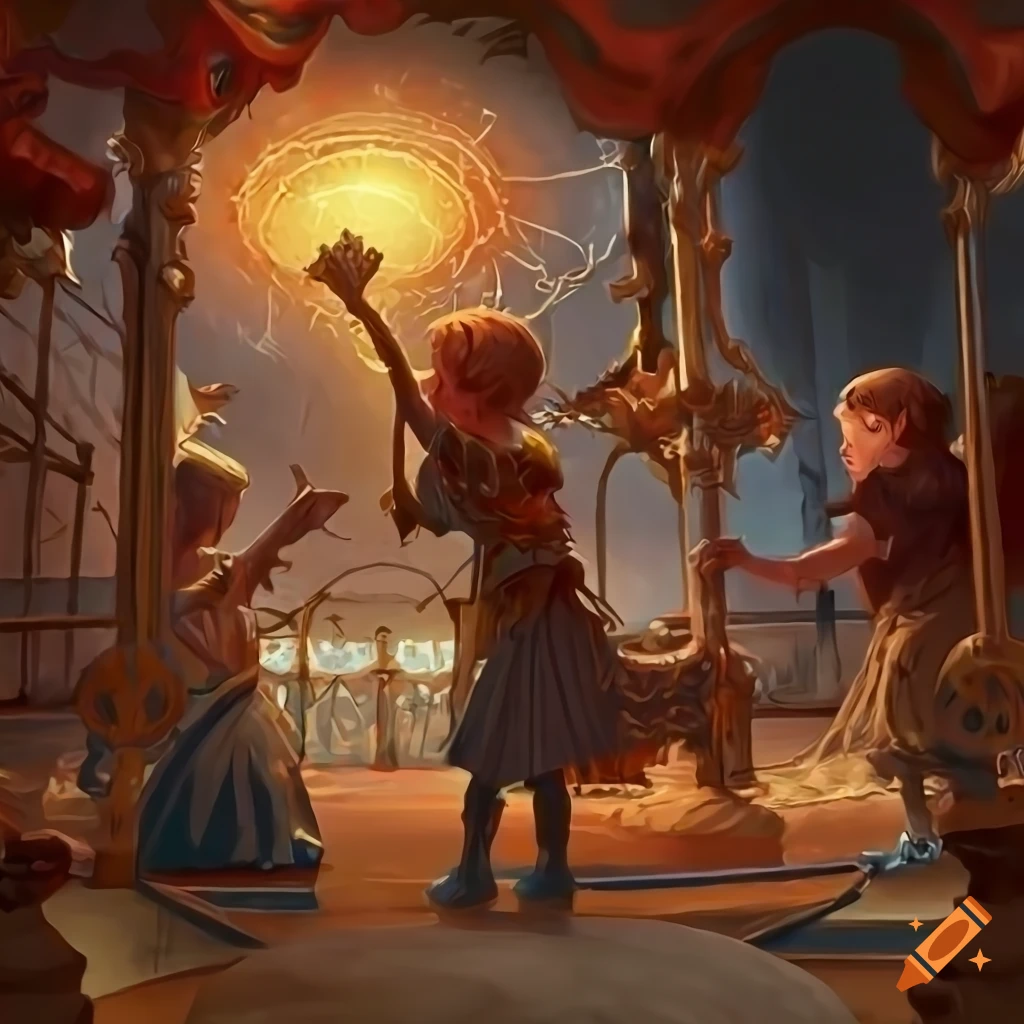 Children enjoying a merry go round in a magical and dramatic setting