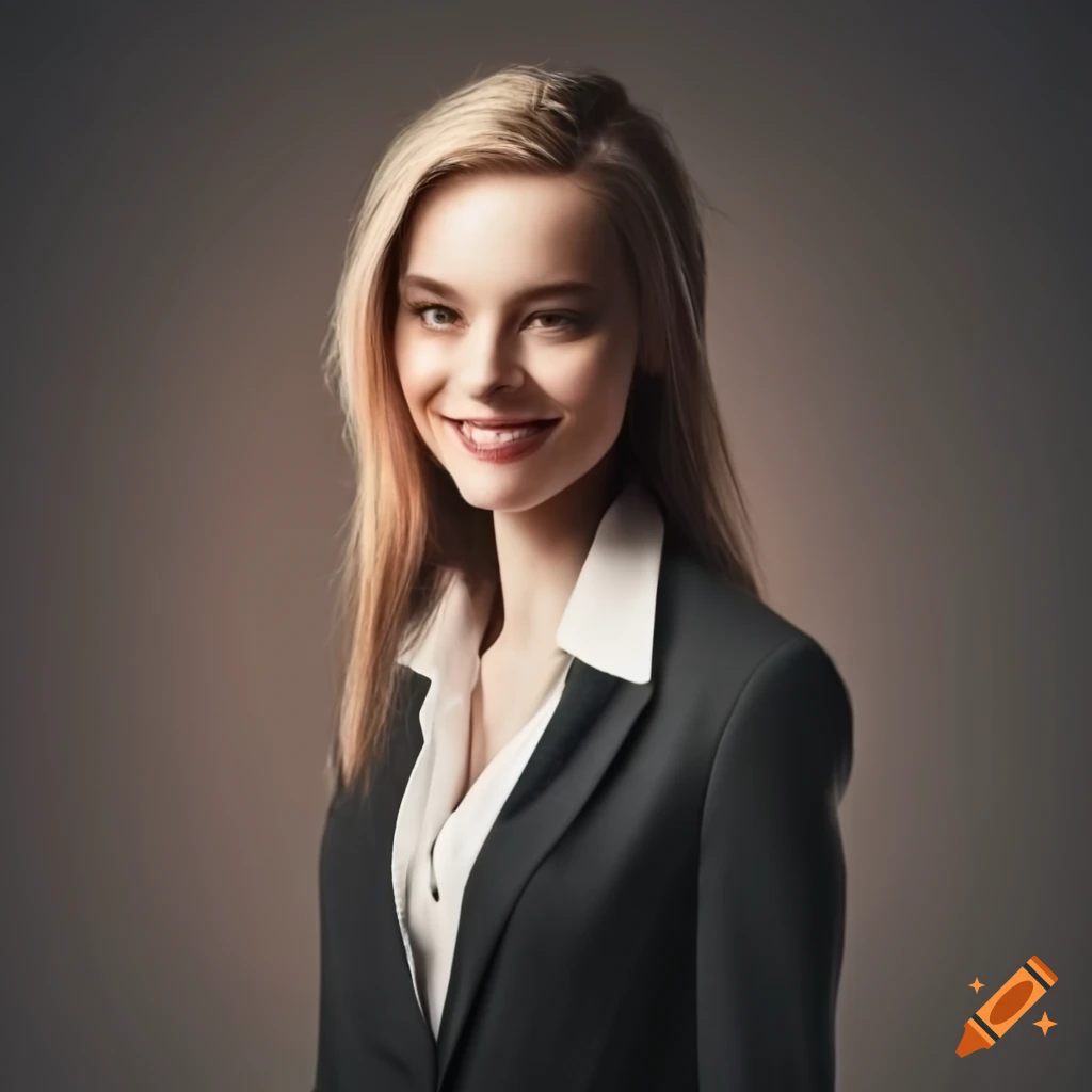 Smiling mid-30s woman in a professional suit for linkedin profile on ...