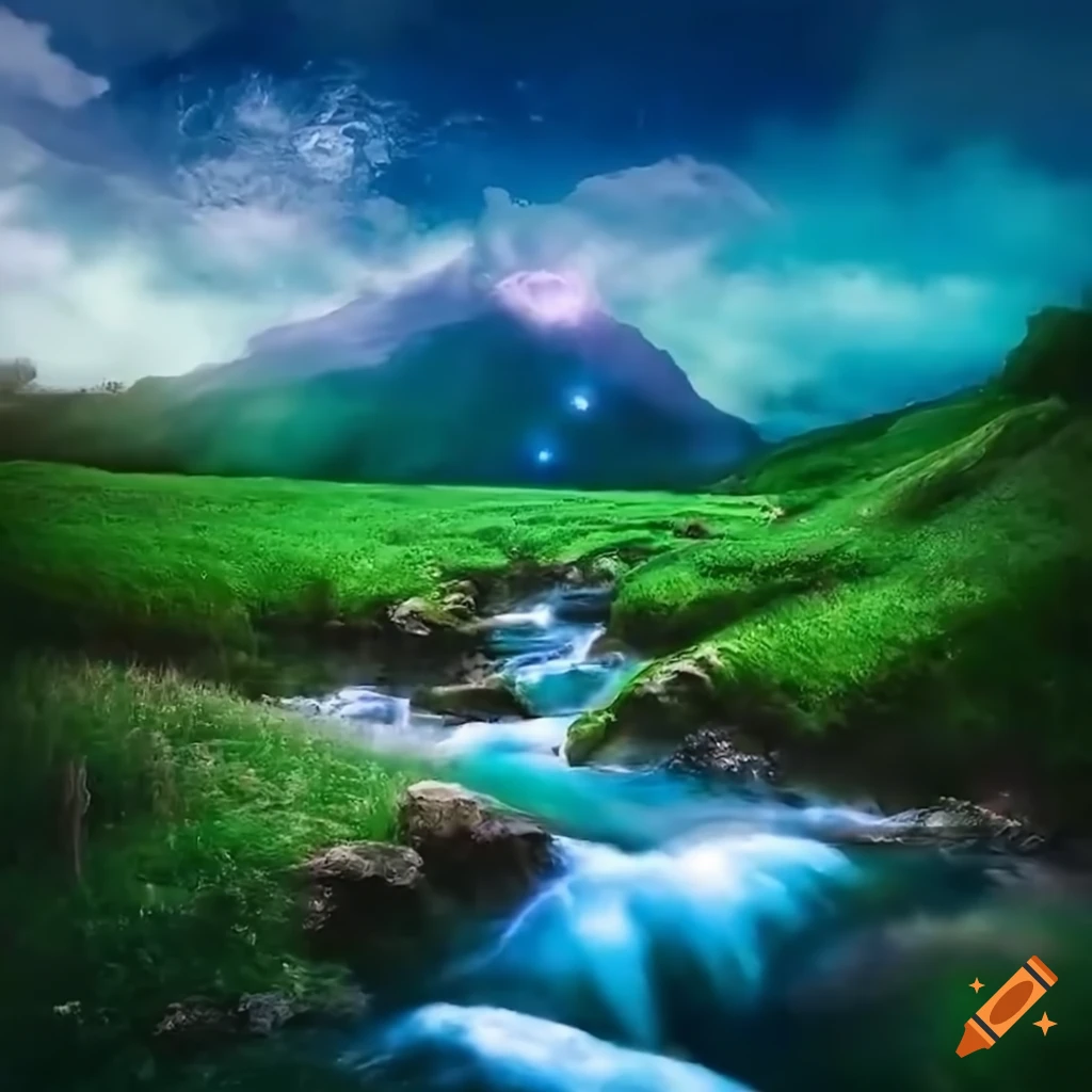 Captivating landscape with magic and mythical creatures near a crystal-clear stream