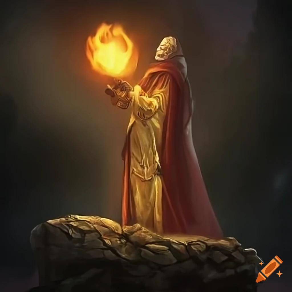 Old sorcerer casting a fire spell from a stone tower at night