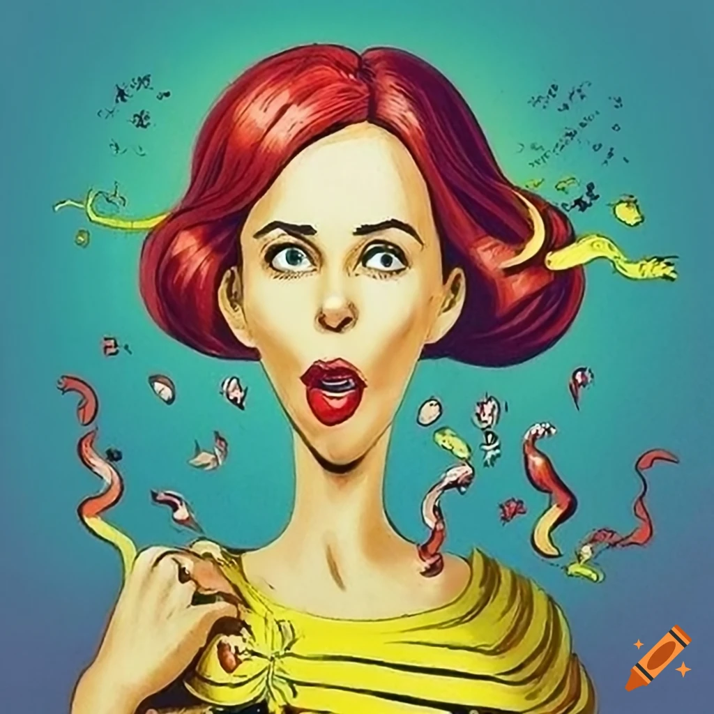 Colorful humorous book illustration of a beautiful young woman in a whimsical style