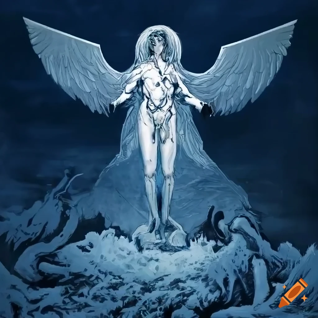 Art Nouveau-inspired composition with demonic angel apostle in white and sky blue