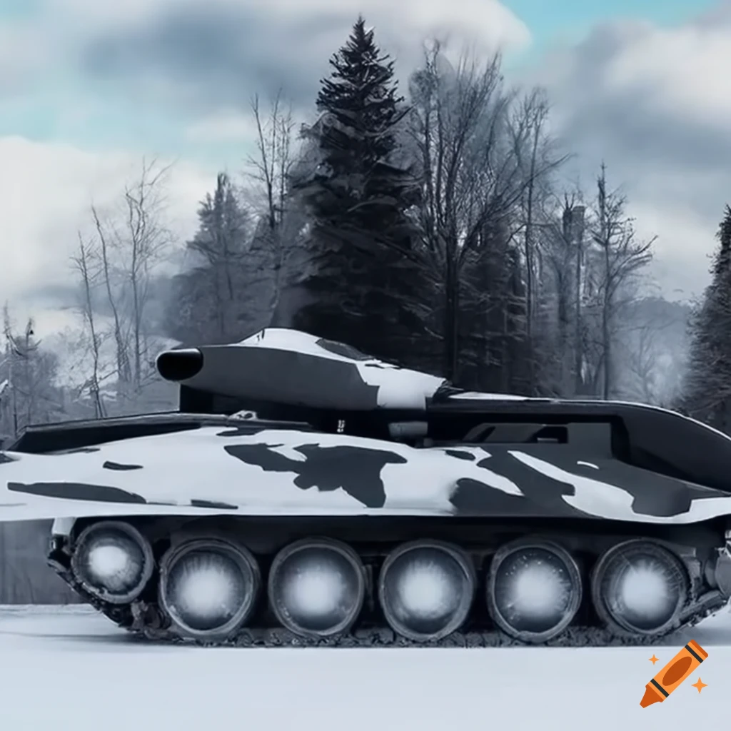 Sleek black and white tank with snow camouflage and giant jet engines