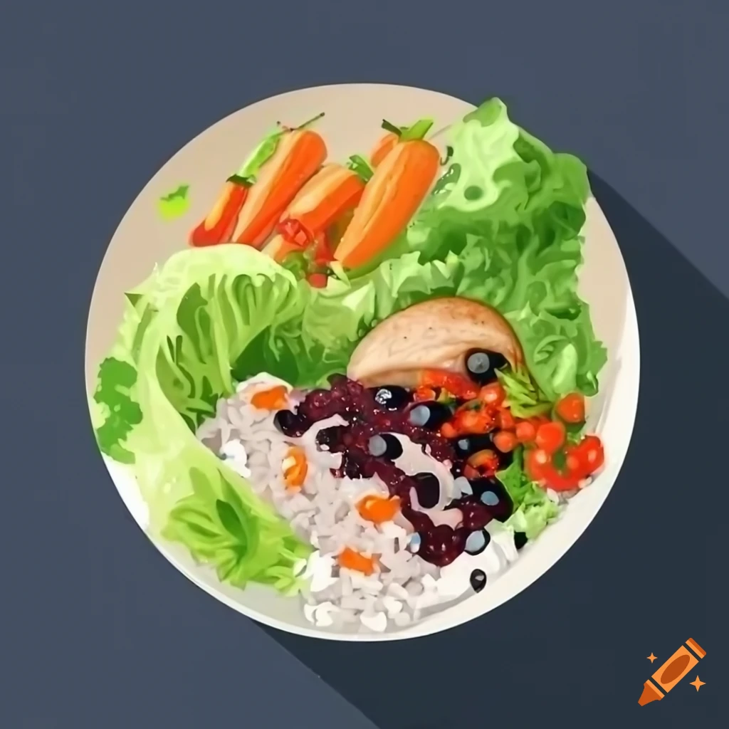 Rice and chicken salad with lettuce, carrots, mushrooms, and black currant sauce