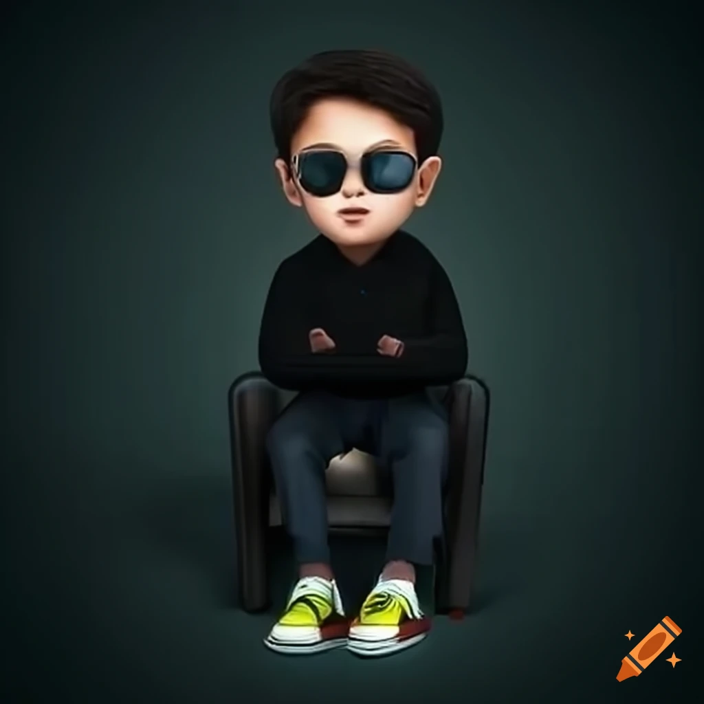 3D illusion of a boy sitting on a Wingback Chair with black shirt, sneakers, cricket cap, and sunglasses