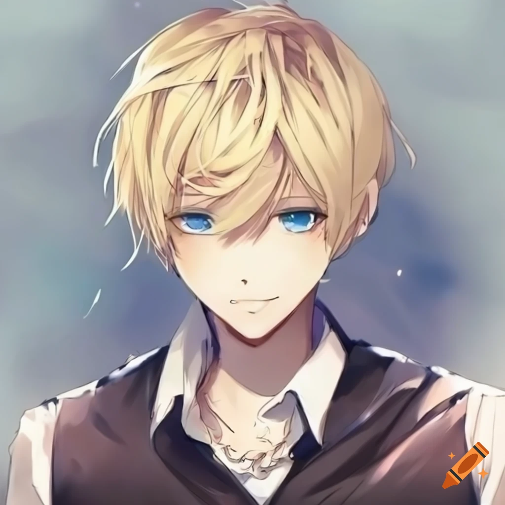 Anime boy with blue eyes, blonde hair, and a kind smile