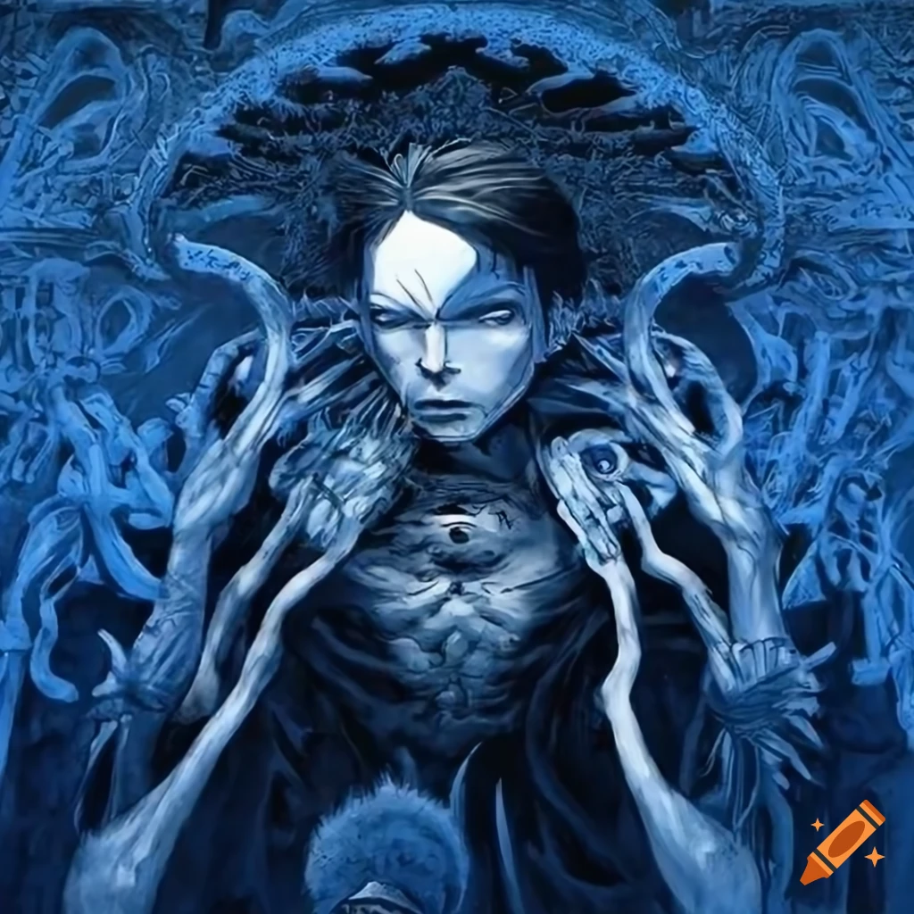 Artistic portrayal of a demonic apostle with a male face in various shades, inspired by hajime sorayama and featuring Art Nouveau elements