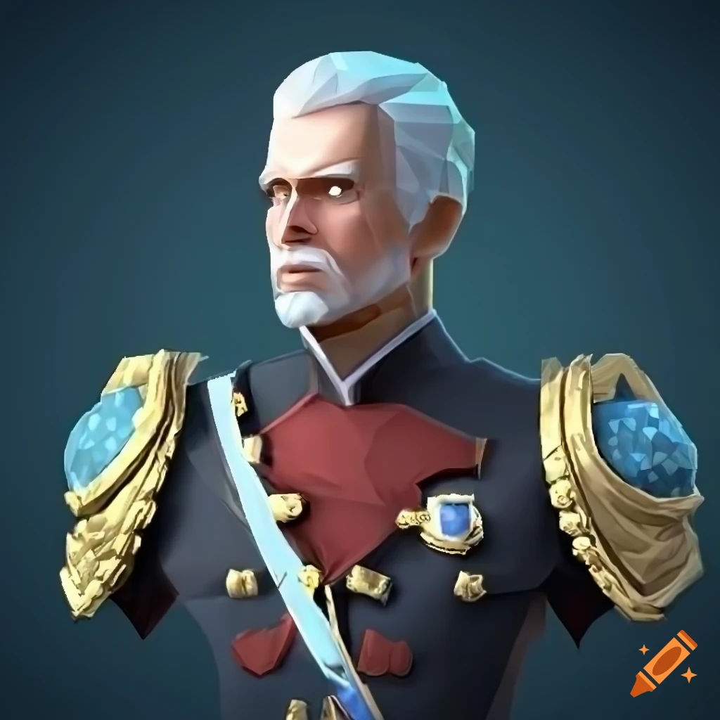 Middle aged king in admiral uniform with clear blue eyes in fantasy RPG style low-poly art