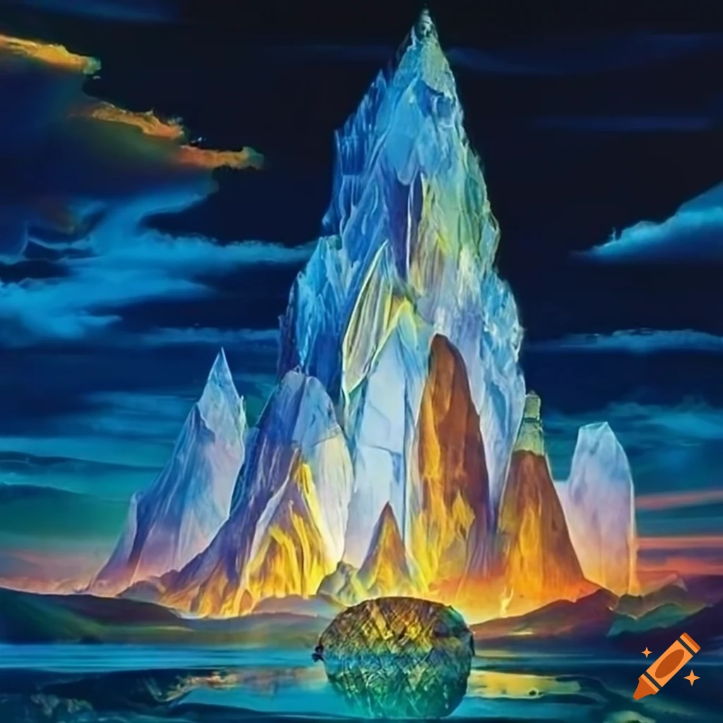 70's fantasy art of crystal spires and towers on a mountain