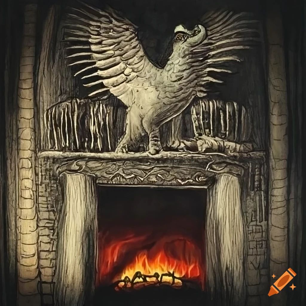Edward Gorey's angry gryphon on a fireplace mantle