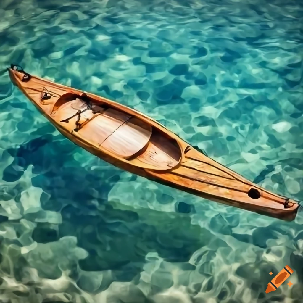 Wooden kayak on crystal clear water with bright sunshine in Baja