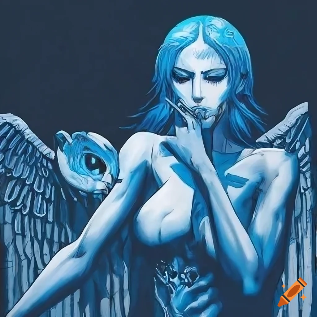 Demonic angel apostle with a beautiful female face in white and neon blue