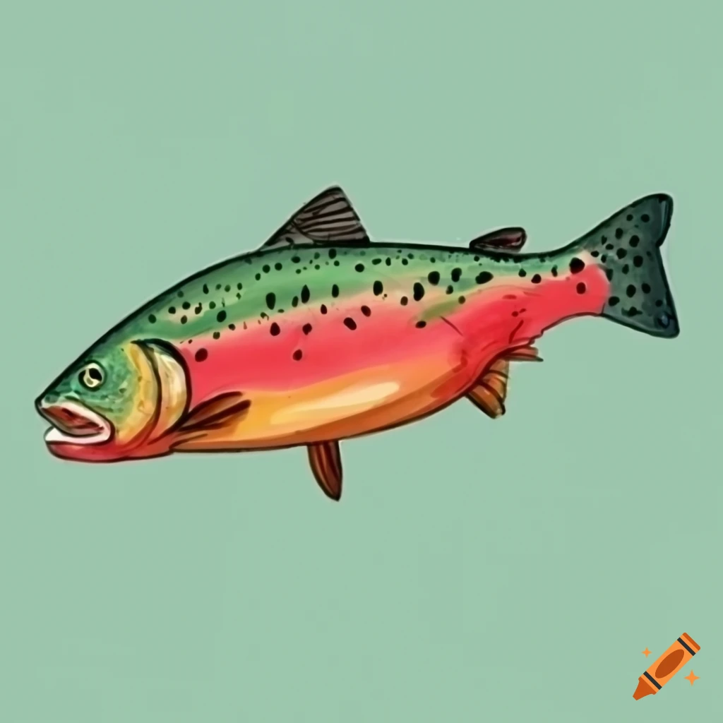Sideview of a trout on a white background, drawn with crayon
