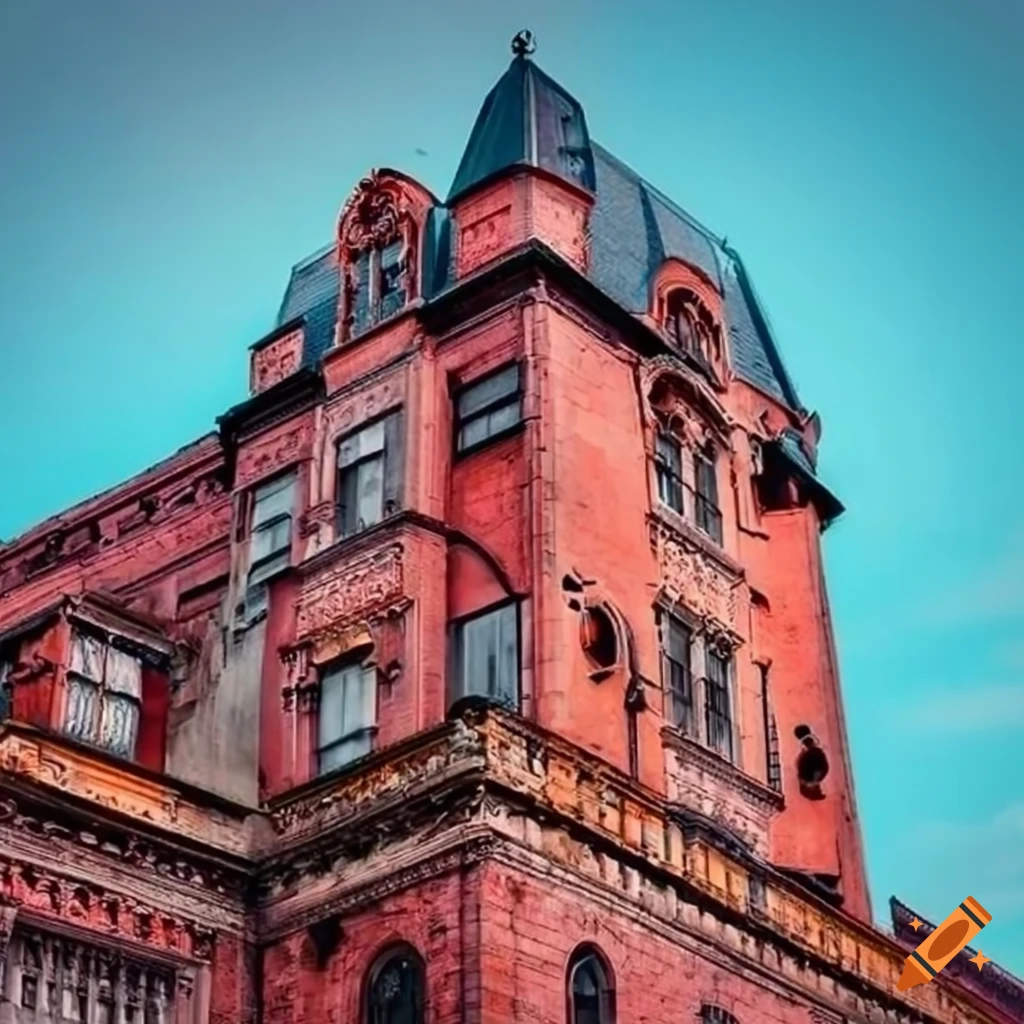 Victorian architecture with steampunk influences, pink granite, brick