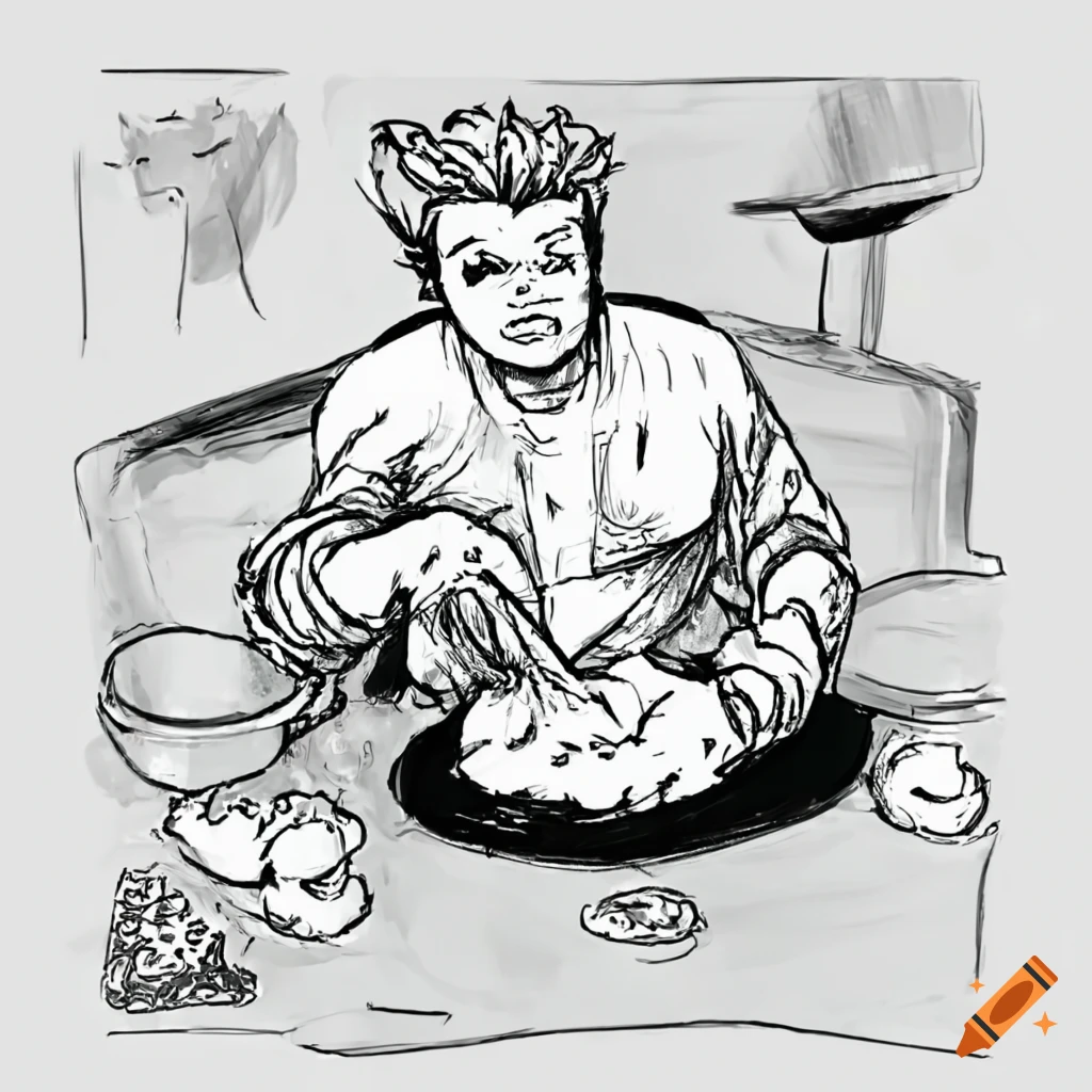 Gordon ramsay cooking garlic butter shrimp with spinach and bacon in anime style on Craiyon