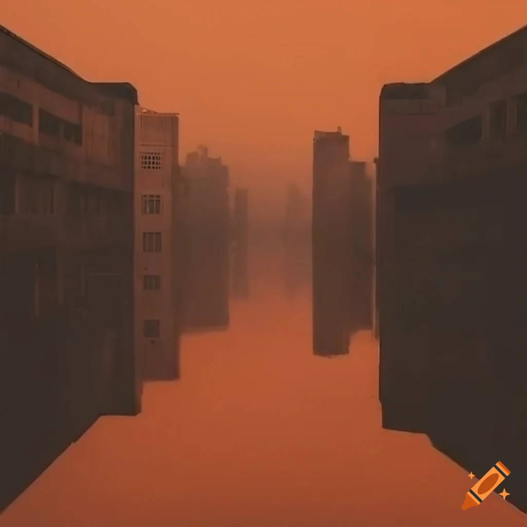 Abandoned brutalist buildings sinking into ocean in a pale orange fog