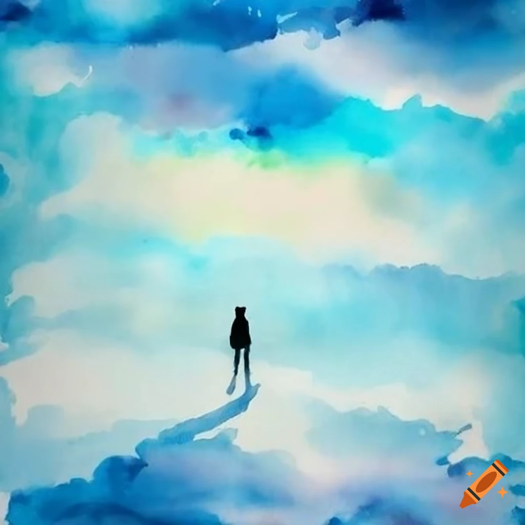Lone figure facing dreamy cloudy sky in zen spiritual style