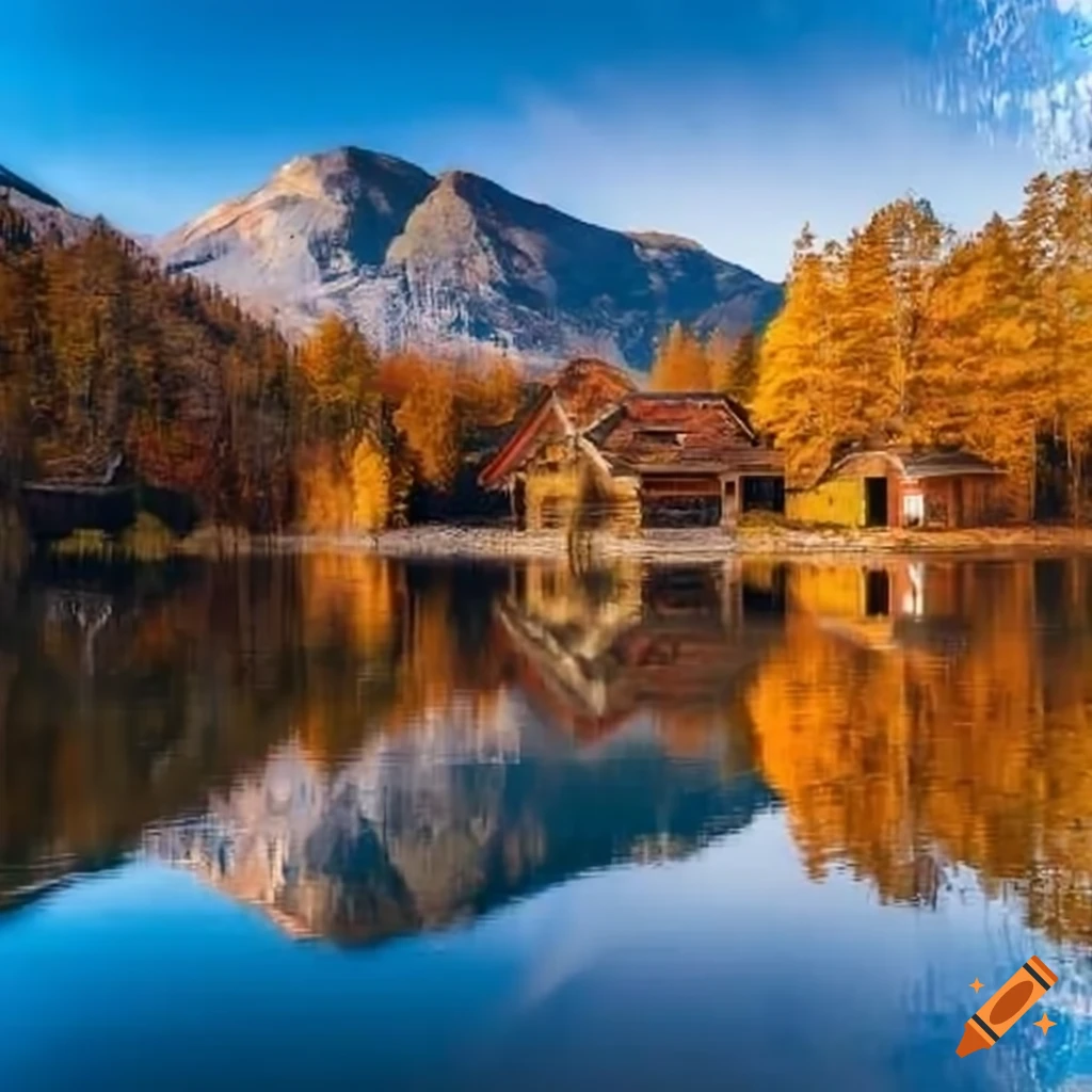 Serene autumn mountain landscape with a clear lake and a log cabin on ...