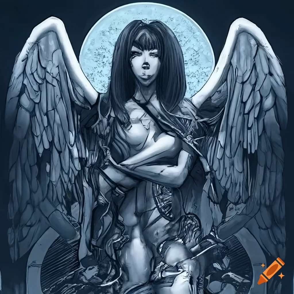 Demonic angel apostle with a beautiful female face in black and white and sky blue
