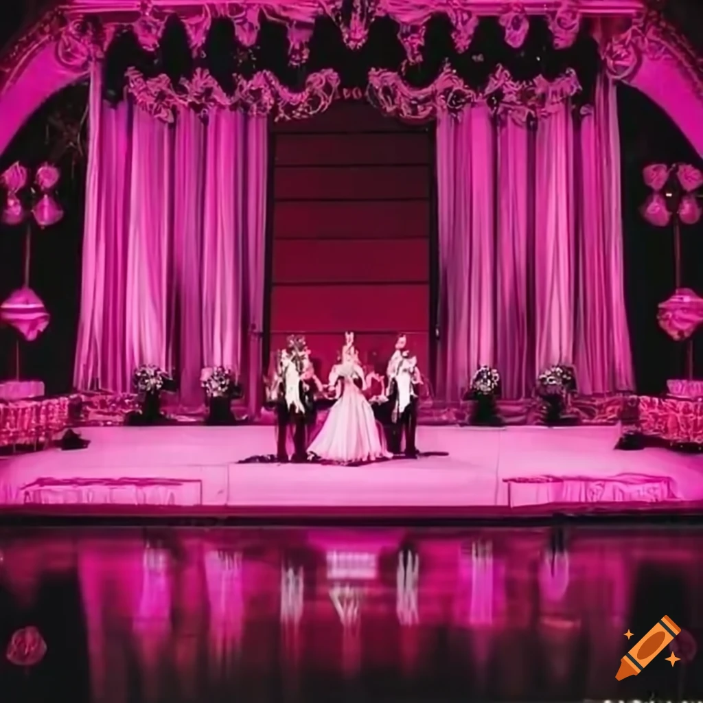 Pink ballroom with judges holding signs with the number 10 on stage