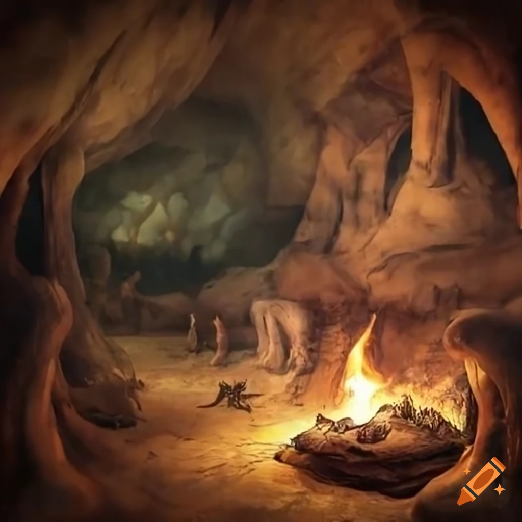 Prehistoric cavern with dinosaur paintings, fur beds, and cozy fire