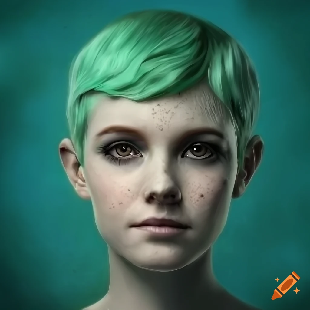 Portrait of an androgynous person with mint green hair and star-shaped freckles