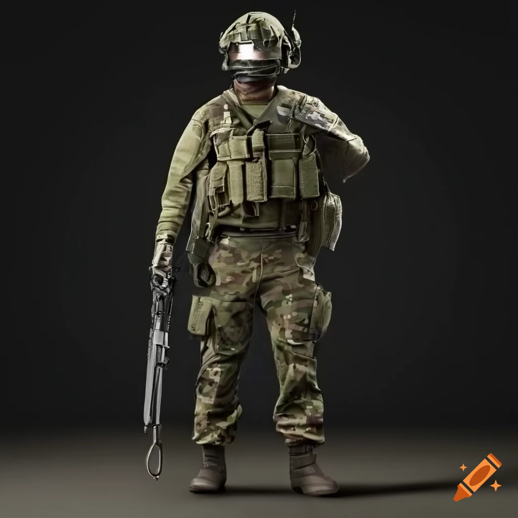 Soldier in field uniform with kevlar helmet, pistol holster, and on Craiyon