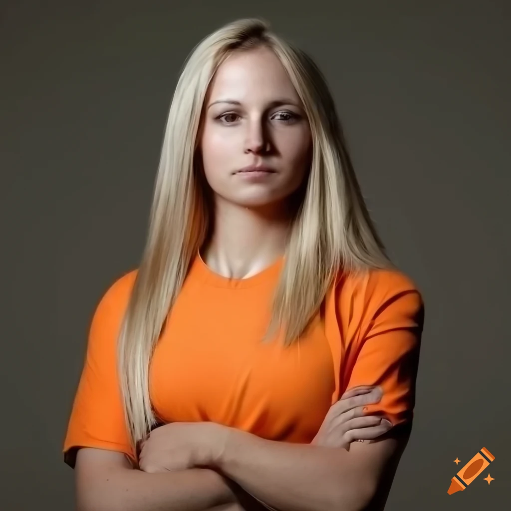 Athletic woman with long blonde hair and brown eyes wearing orange t-shirt and beige jacket