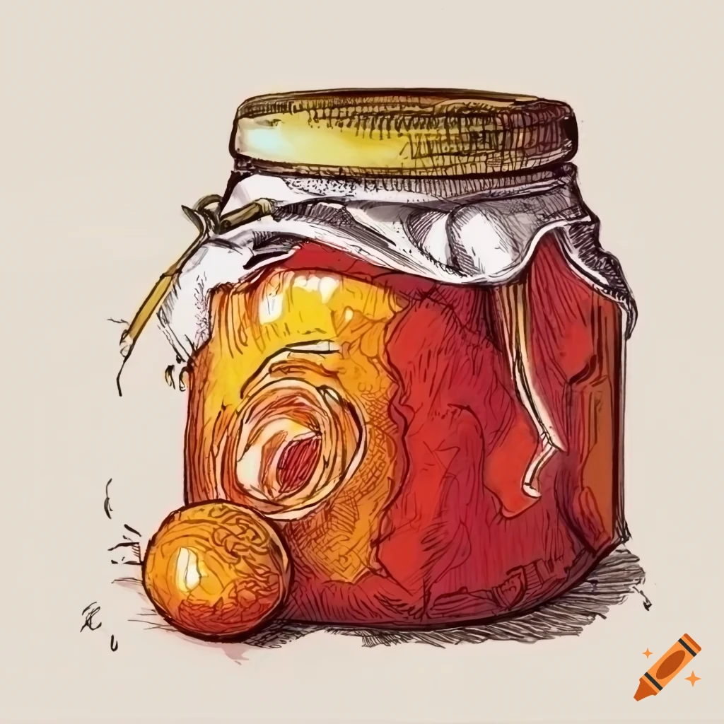 Marmalade in mason jar on white background drawn with crayon