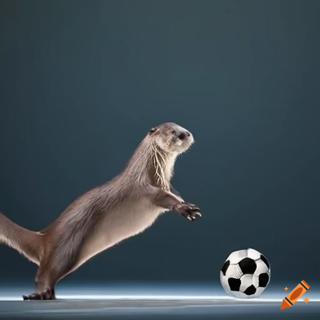 Otter with a jersey playing with soccer ball