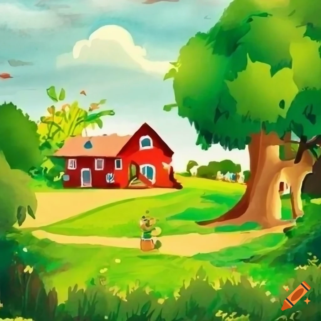 Countryside farm house with garden and orchard on a sunny day, children's drawing