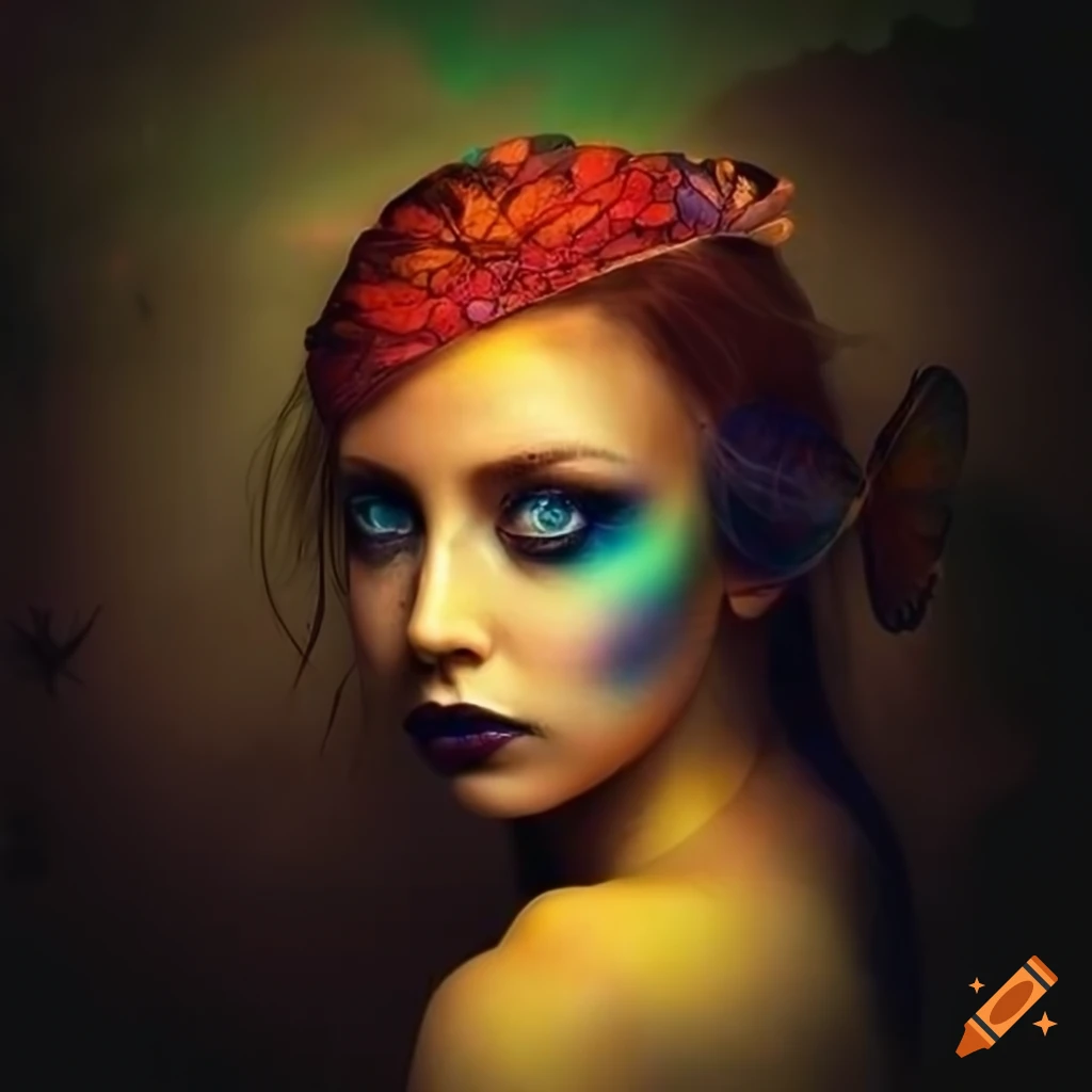 Colorful and surreal woman's face in a gothic forest setting on Craiyon