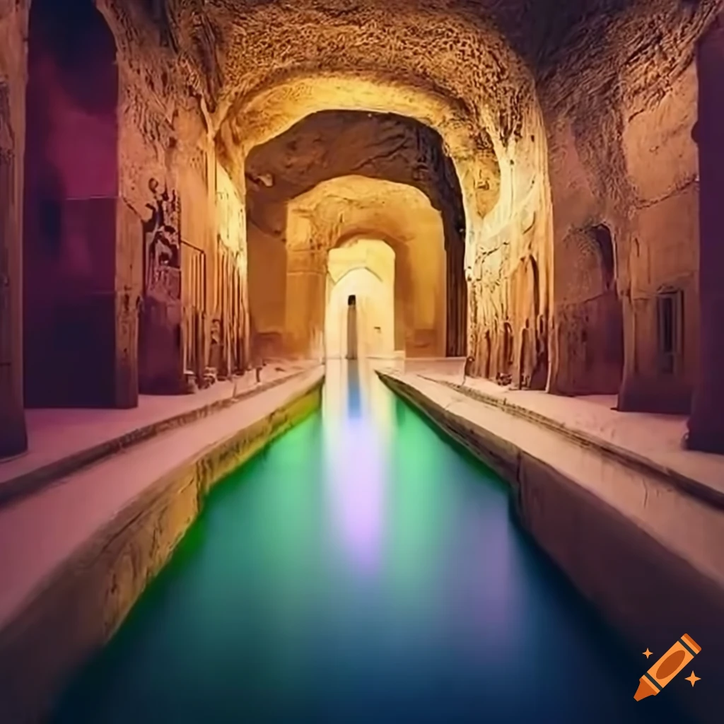 Underground ancient city with river, shining gold walls, and ancient Egyptian influences