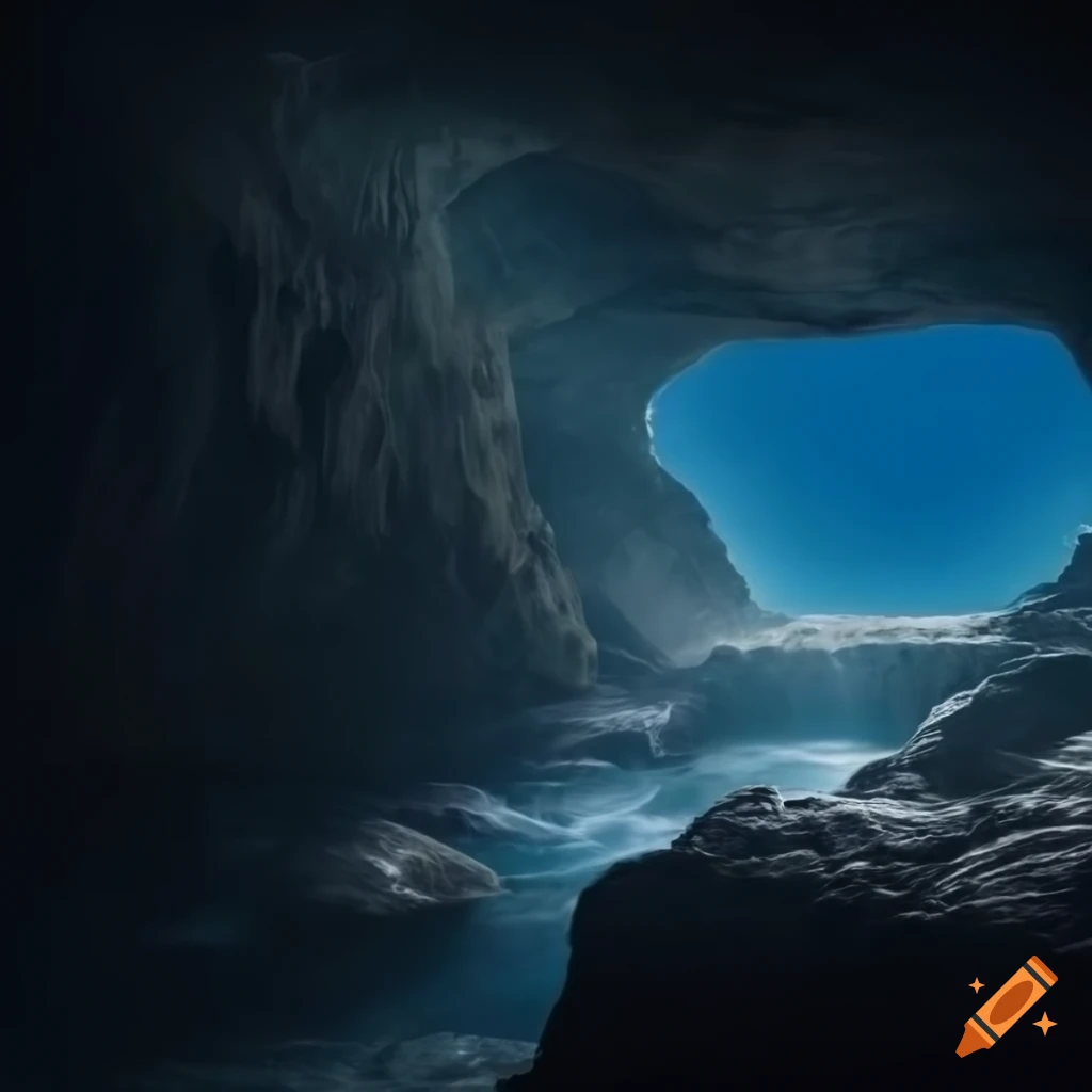 Cave with skylight, falling lava, and water