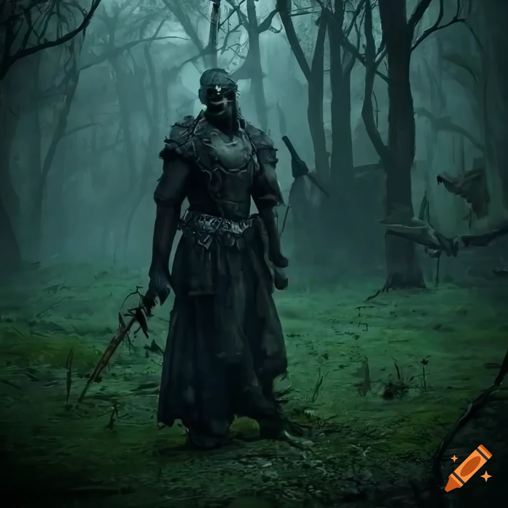 Ghostly warriors in a dark forest in a fantasy world on Craiyon