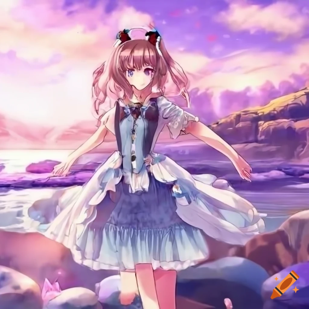 Dreamy beautiful woman rabbit hybrid in European dress at hot springs ...