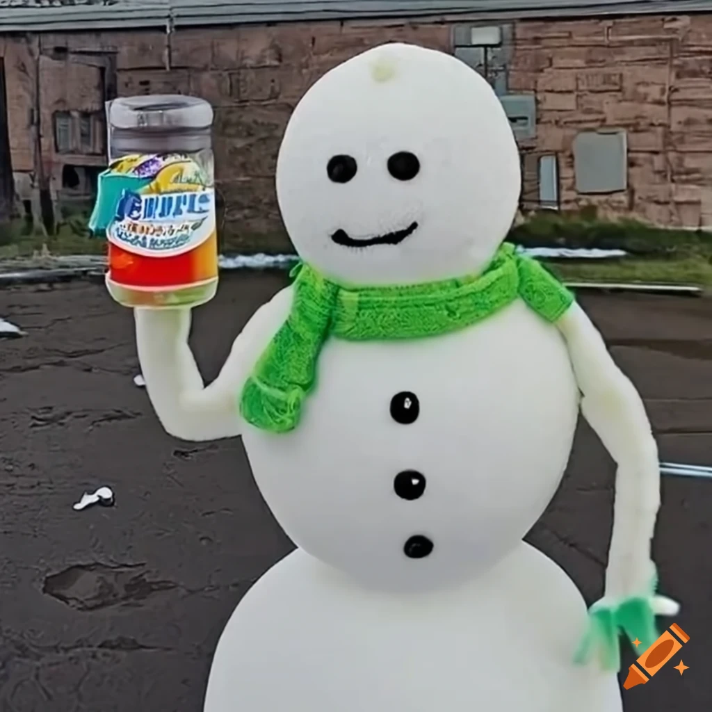Snowman resembling alien enjoying soda on Craiyon