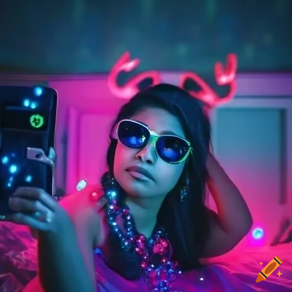  Indian woman taking a selfie in a bedroom with pink pop cultural ...
