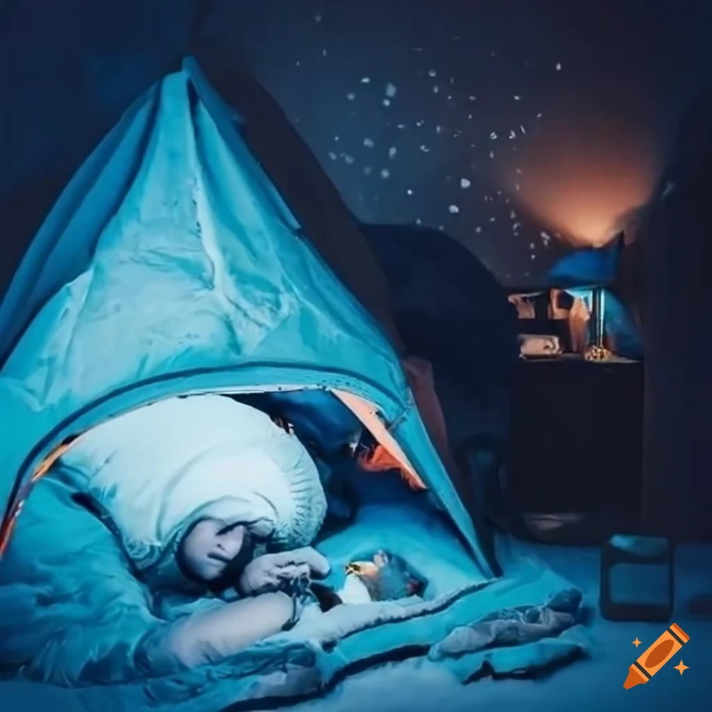Person sleeping in a small tent inside a messy living room on a freezing cold winter day