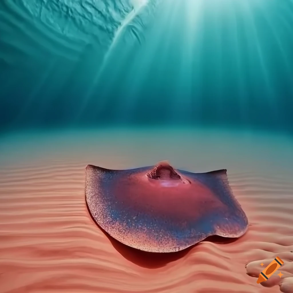 Red sand ocean floor with sun glistening and teal stingrays