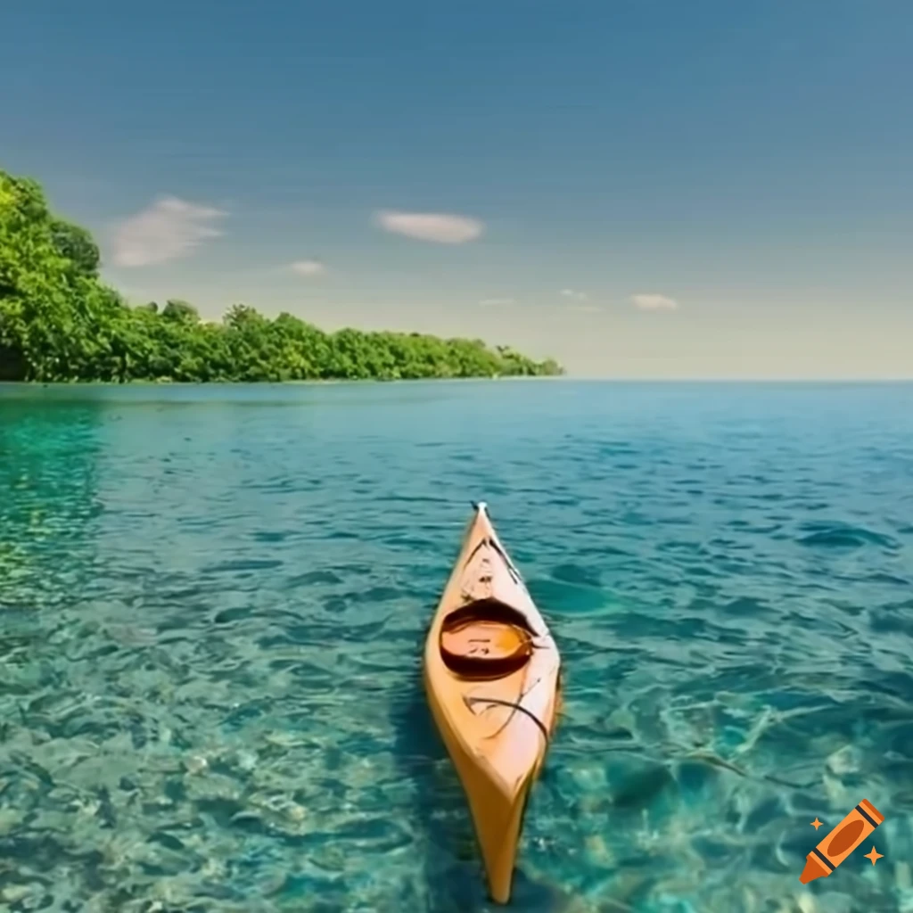 Wooden kayak on clear waters with sun