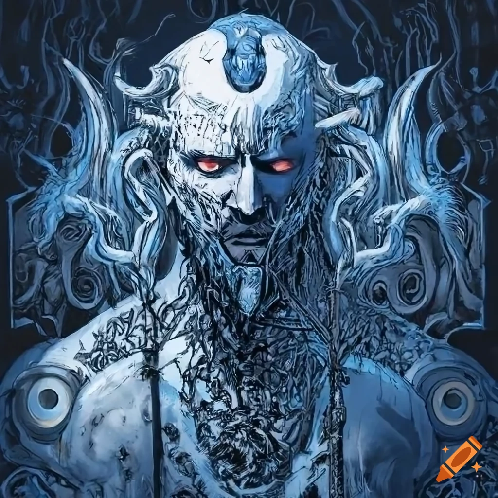 Artistic portrayal of a demonic apostle with a male face in various shades, inspired by hajime sorayama and featuring Art Nouveau elements
