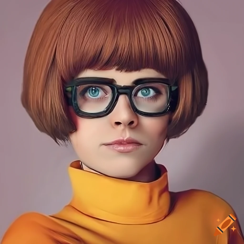 Photo Realistic Cosplay Of Velma Dinkley With Bobbed Brown Hair Brown Eyes Stylish Glasses