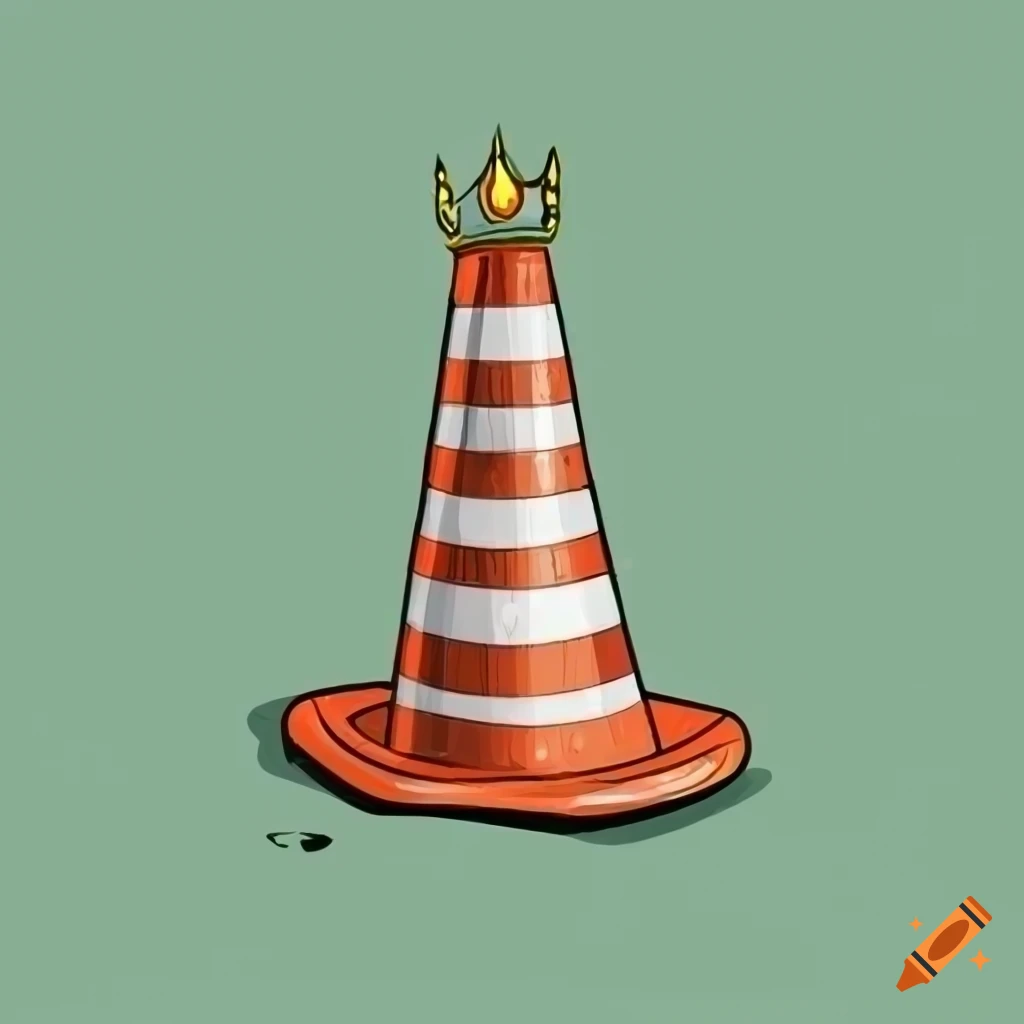 Cartoon traffic cone wearing a crown with a text bubble 'Let me rule the roads'