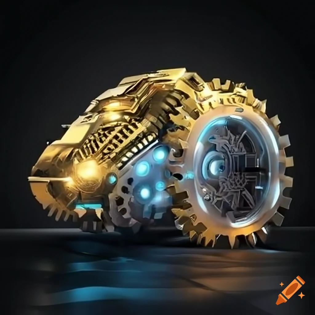 Futuristic machine with gold and silver gears of various sizes on Craiyon