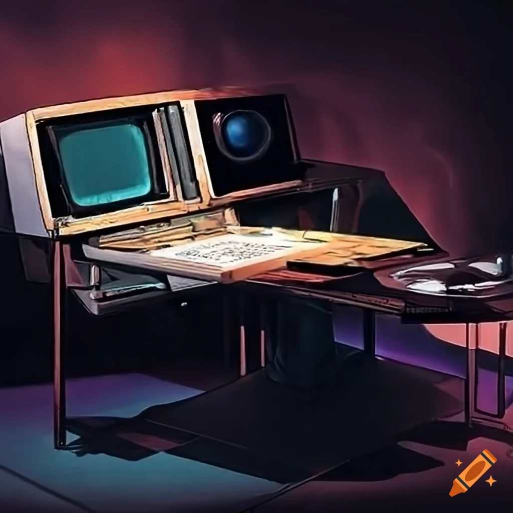Syd Mead retrofuturistic computer console at a command center