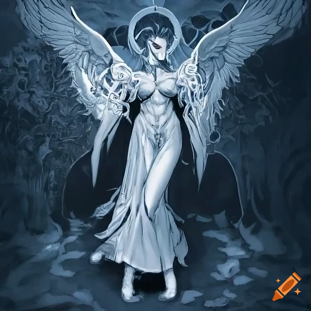Demonic angel apostle with a beautiful female face in black and white and sky blue