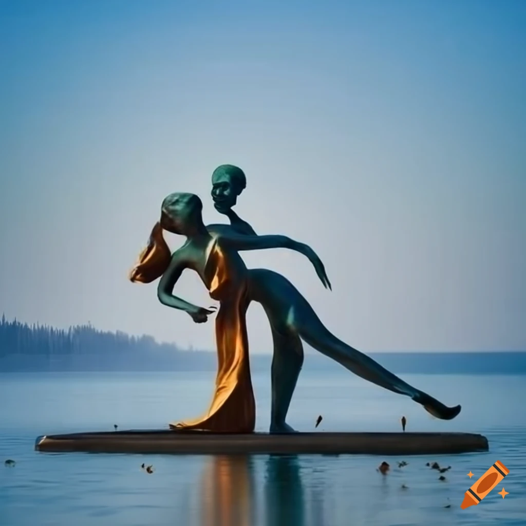 Sculpture of a couple dancing tango in a lake with blue sky background