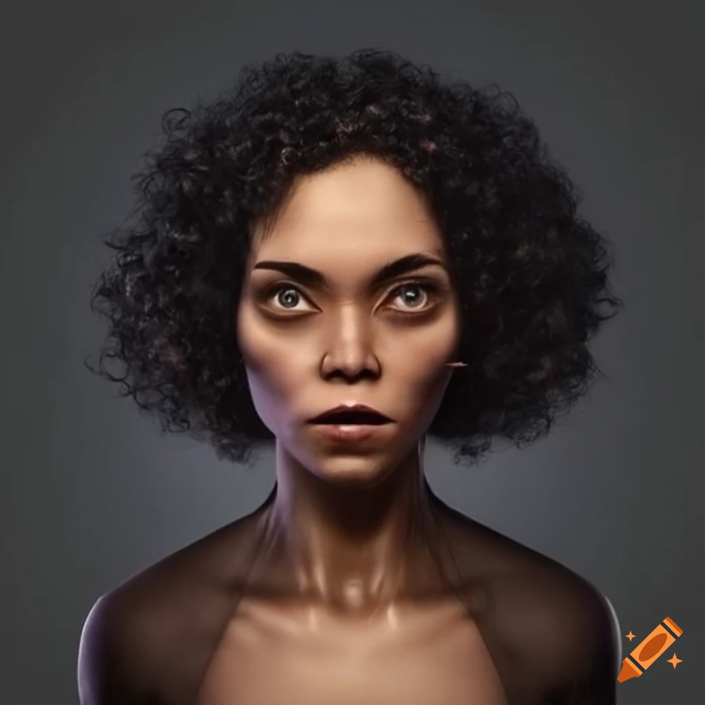 Humanoid alien woman with curly black hair and brown skin wearing a t ...