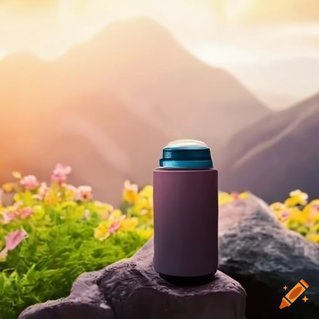Men's deodorant standing on rocks with mountains and flowers in the background